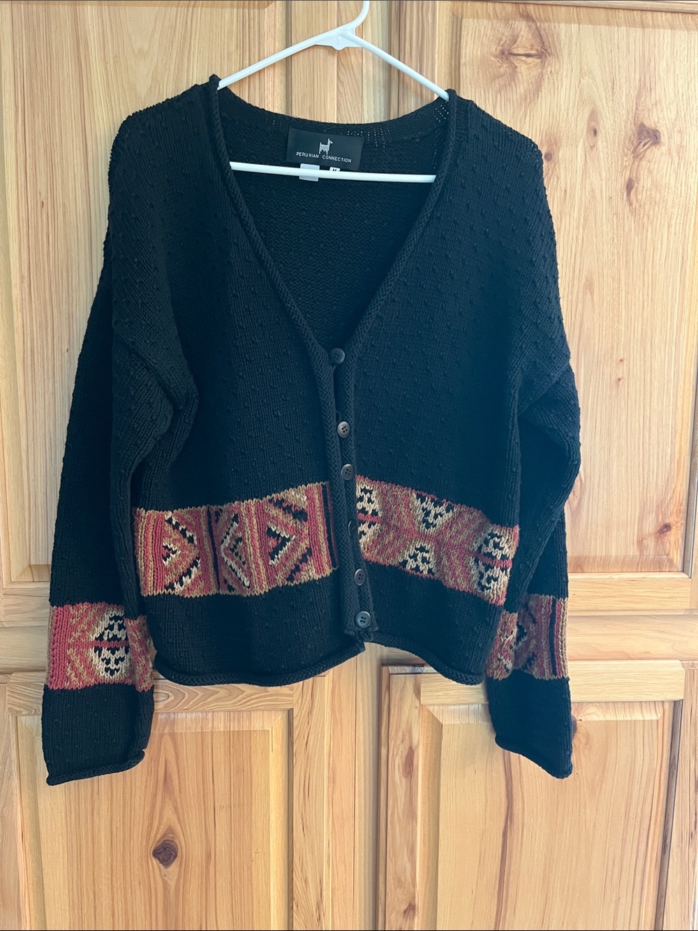 Peruvian Connection Black Cardigan with Rust and Cream Pattern, size M